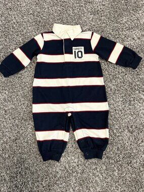 Miniwear Blue/White Striped Cotton Collared Polo One Piece Romper Boy's Size 12M